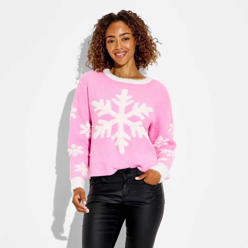 slide 2 of 3, 33 Degrees Women's Snowflake Festive Graphic Sweater - Pink XL, 1 ct
