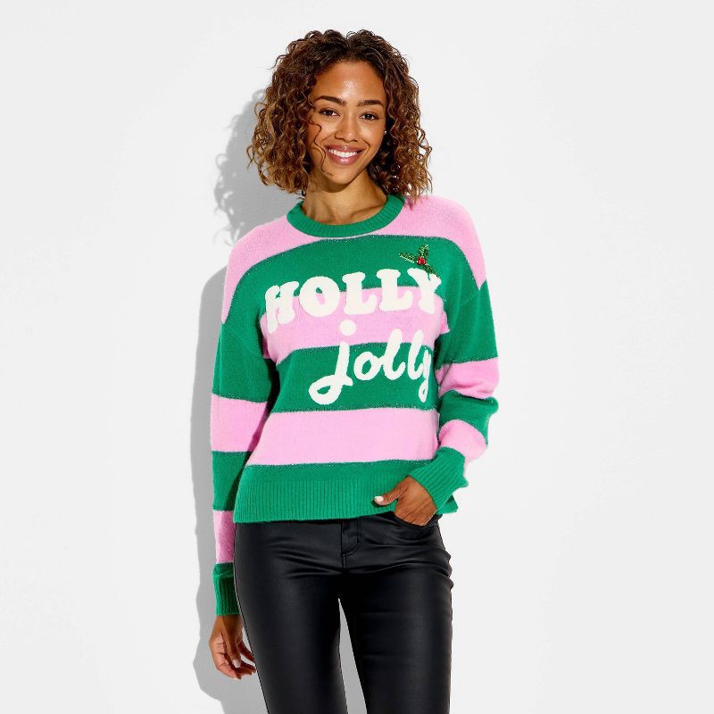slide 3 of 3, 33 Degrees Women's Holly Jolly Festive Graphic Sweater - Multicolor Striped XXS, 1 ct