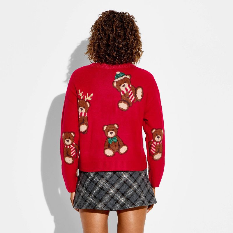 slide 3 of 3, 33 Degrees Women's Teddy Bear Print Festive Graphic Sweater - Red XL, 1 ct