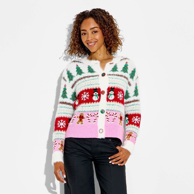 slide 2 of 3, 33 Degrees Women's Holiday Icons Festive Graphic Cardigan - Cream M, 1 ct