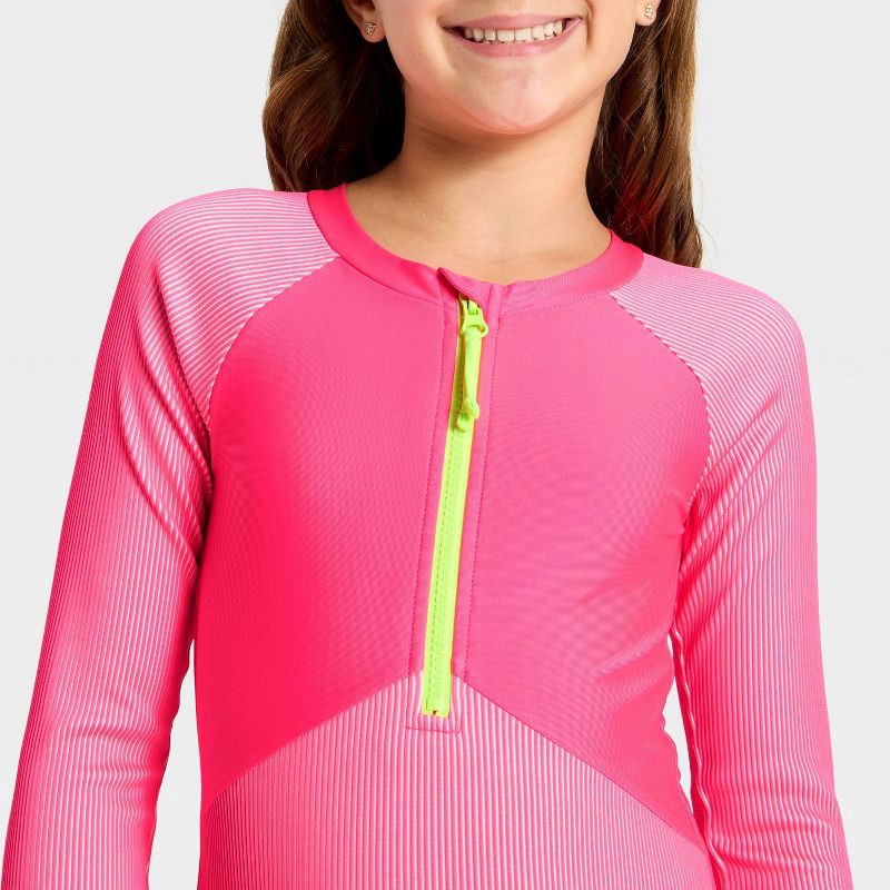 slide 3 of 3, Girls' Long Sleeve Pretty Rad One Piece Swimsuit - Cat & Jack™ Zealous Pink M, 1 ct