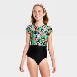 Girls' Short Sleeve Sunset Tropics One Piece Swimsuit - Cat & Jack™ Black XS