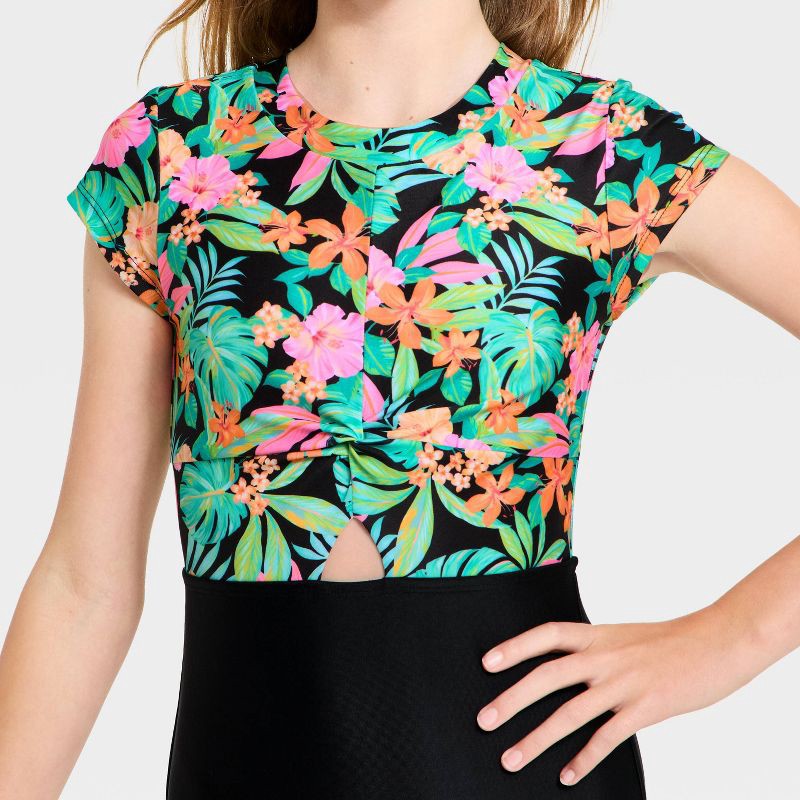 slide 3 of 3, Girls' Short Sleeve Sunset Tropics One Piece Swimsuit - Cat & Jack™ Black XL, 1 ct