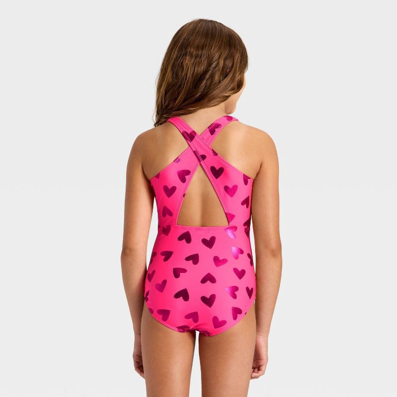 slide 2 of 3, Girls' Cutie Hearts One Piece Swimsuit - Cat & Jack™ Pink S, 1 ct
