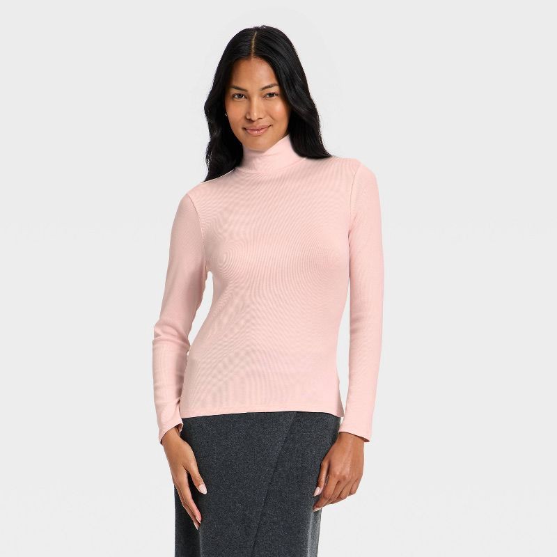 slide 1 of 4, Women's Long Sleeve Ribbed Turtleneck Top - A New Day™ Pink M, 1 ct