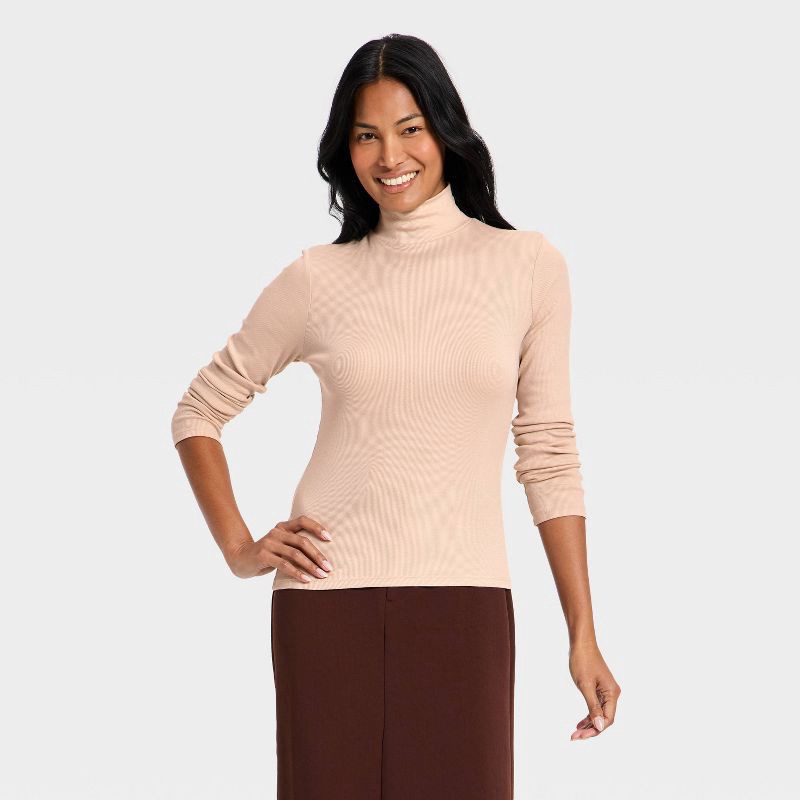 slide 1 of 4, Women's Long Sleeve Ribbed Turtleneck Top - A New Day™ Beige M, 1 ct