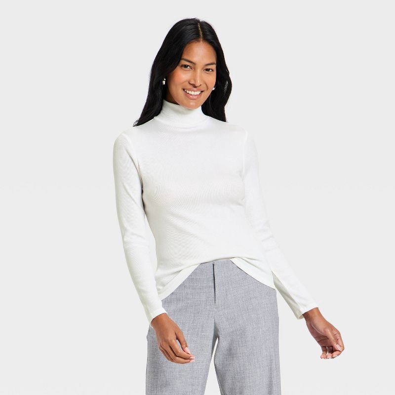 slide 1 of 4, Women's Long Sleeve Ribbed Turtleneck Top - A New Day™ White XS, 1 ct