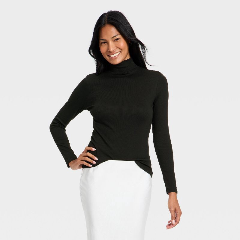 slide 1 of 4, Women's Long Sleeve Ribbed Turtleneck Top - A New Day™ Black XL, 1 ct