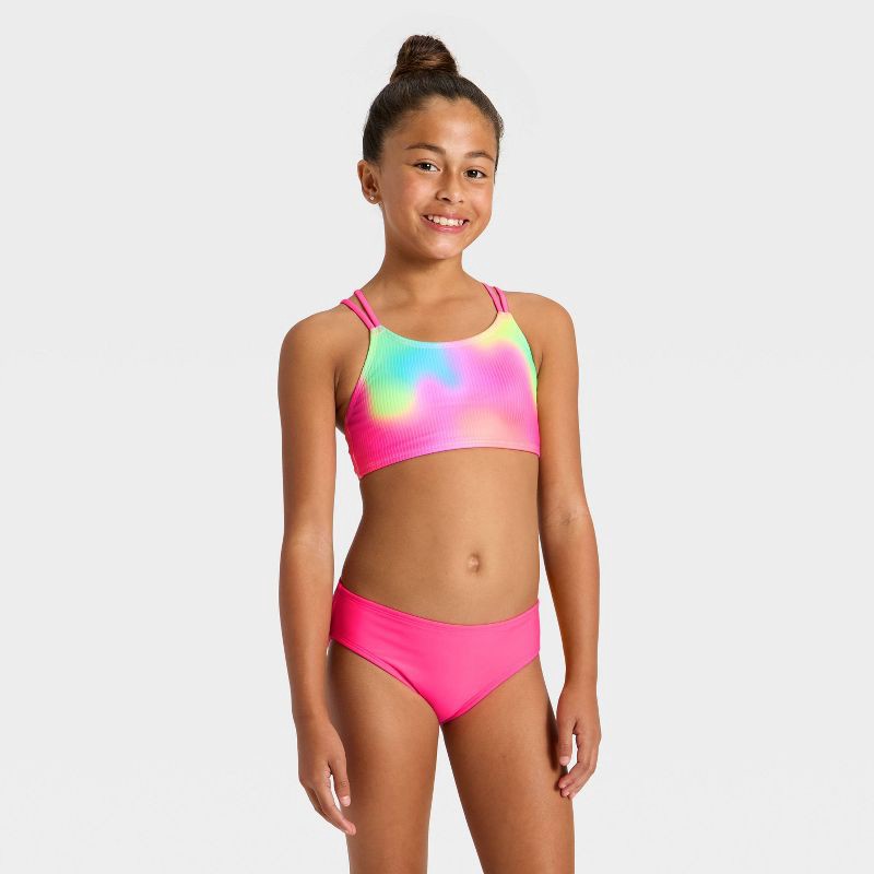 slide 3 of 4, Girls' Long Sleeve Whirlpool Rainbow Bikini Set - Cat & Jack™ Pink L, 1 ct