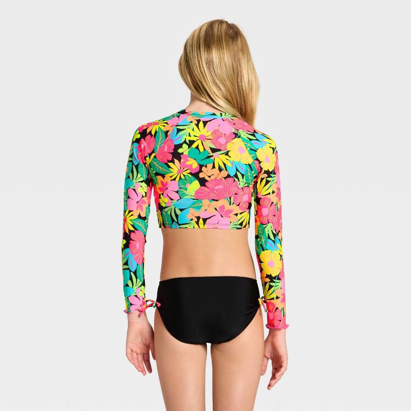 slide 4 of 4, Girls' Long Sleeve Floral Hyberbloom Envy Bikini Set - Cat & Jack™ Black XS, 1 ct