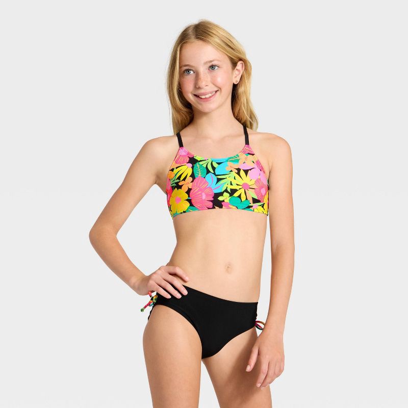 slide 3 of 4, Girls' Long Sleeve Floral Hyberbloom Envy Bikini Set - Cat & Jack™ Black XL, 1 ct