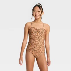 Girls' Animal Leopard Print One Piece Swimsuit- art class™ Coral Orange XS