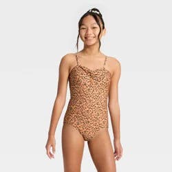 Girls' Animal Leopard Print One Piece Swimsuit- art class™ Coral Orange S