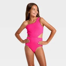 Girls' Scallop Puff Jacquard One Piece Swimsuit - art class™ Pink S