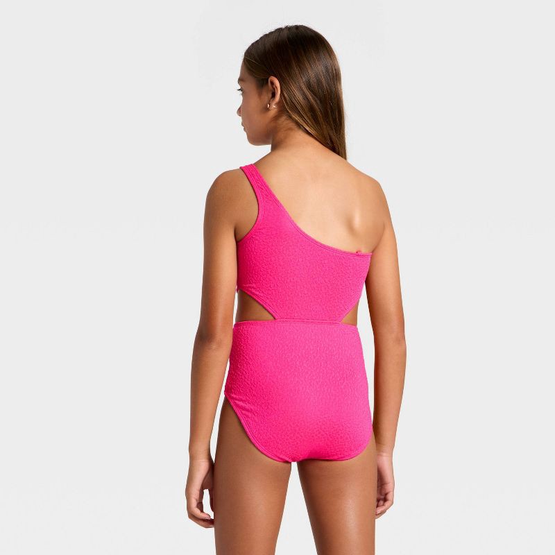 slide 2 of 3, Girls' Scallop Puff Jacquard One Piece Swimsuit - art class™ Pink L, 1 ct