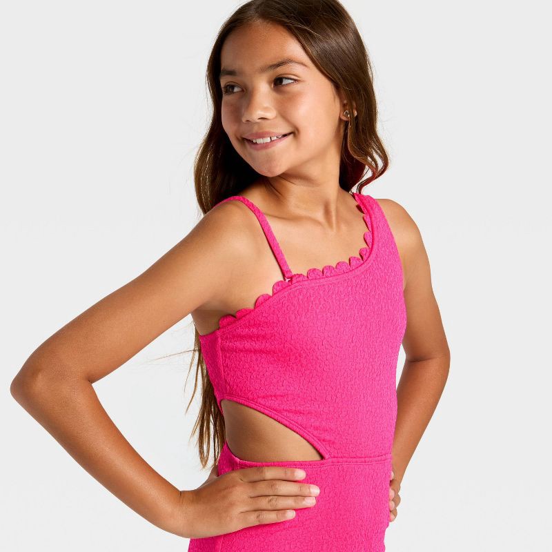 slide 3 of 3, Girls' Scallop Puff Jacquard One Piece Swimsuit - art class™ Pink L, 1 ct