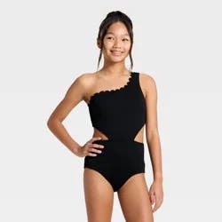 Girls' Scallop Puff Jacquard One Piece Swimsuit - art class™ Black L