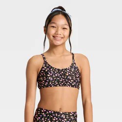 Girls' Floral Trilette Shirred Swimsuit Top - art class™ Black/Orange/Pink M