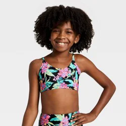 Girls' Tropical Floral Trilette Shirred Swimsuit Top - art class™ Black/Pink/Aqua L