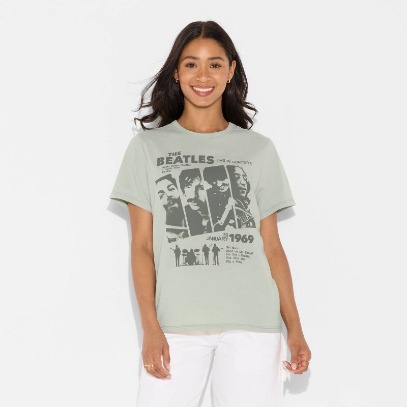 slide 2 of 3, Women's The Beatles Short Sleeve Graphic T-Shirt - Green XXS, 1 ct