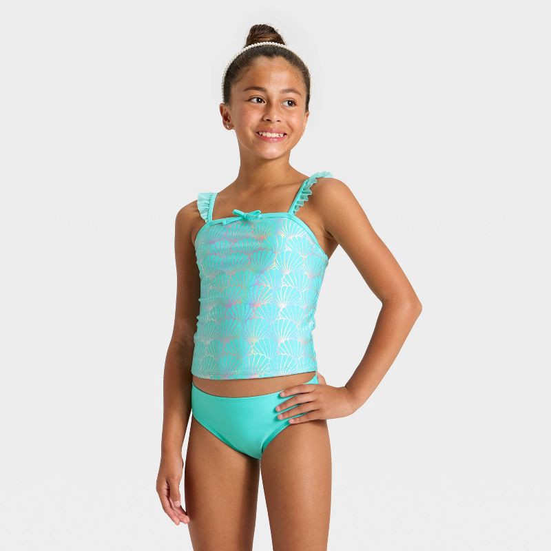 slide 1 of 3, Girls' Foil Seashells Tankini Set - Cat & Jack™ M, 1 ct