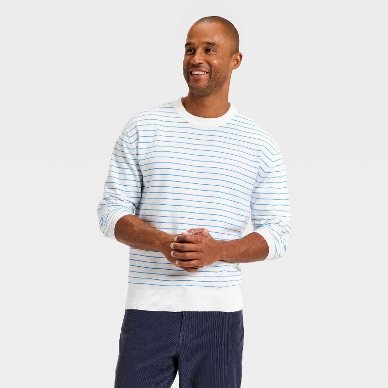 slide 1 of 3, Men's Soft Knit Crewneck Sweater - Goodfellow & Co™ White/Blue Striped XL, 1 ct