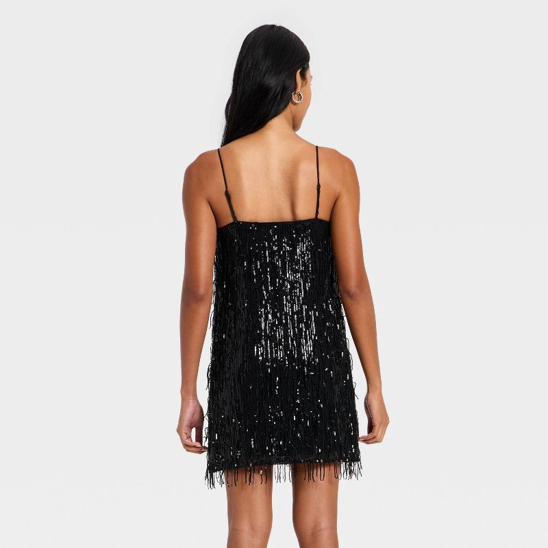 slide 2 of 3, Women's Fringe Mini Shift Dress - A New Day™ Black L, 1 ct
