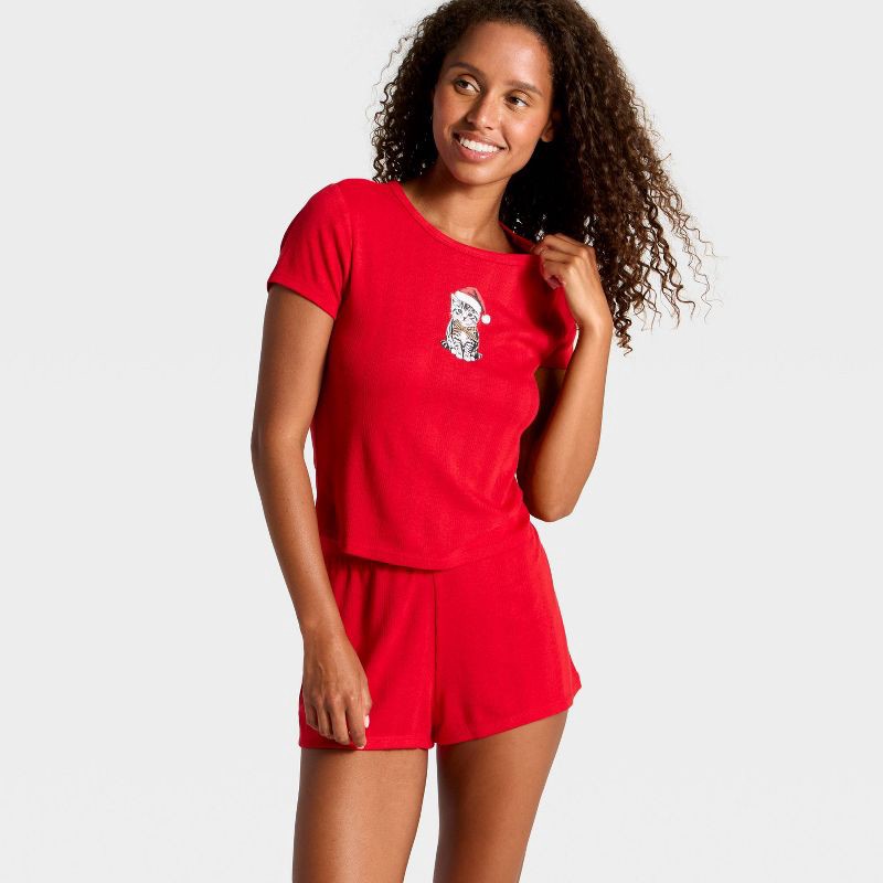 slide 3 of 3, Women's Pointelle Short Sleeve Top and Shorts Pajama Set - Wild Fable™ Red Cat XS, 1 ct