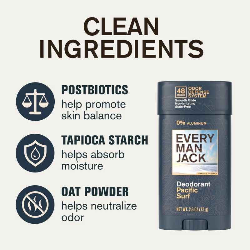 slide 5 of 7, Every Man Jack 48-Hour Odor Defense Deodorant - Aluminum-Free - Pacific Surf - 2.6oz, 2.6 oz