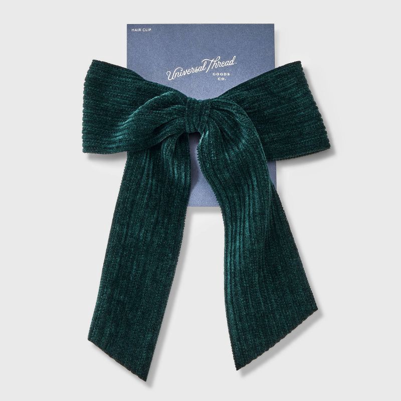 slide 2 of 3, Ribbed Velvet Bow Hair Barrette - Universal Thread™ Dark Green, 1 ct