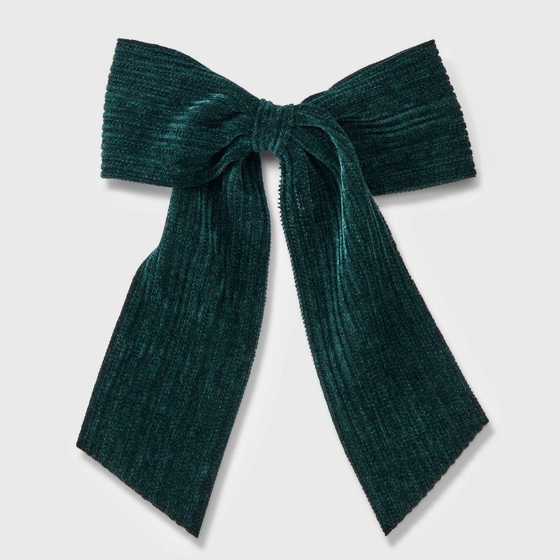 slide 1 of 3, Ribbed Velvet Bow Hair Barrette - Universal Thread™ Dark Green, 1 ct