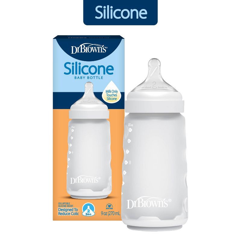 slide 1 of 8, Dr. Brown's Silicone Baby Bottle - Clear - 9 fl oz: Level 2 Medium Flow, BPA-Free, Lead-Free, 9 fl oz