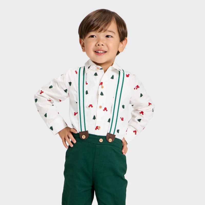 slide 3 of 4, Toddler Boys' 2pc Disney Mickey Mouse Long Sleeve Button-Down Shirt and Suspender Pants Set - Green 4T, 2 ct
