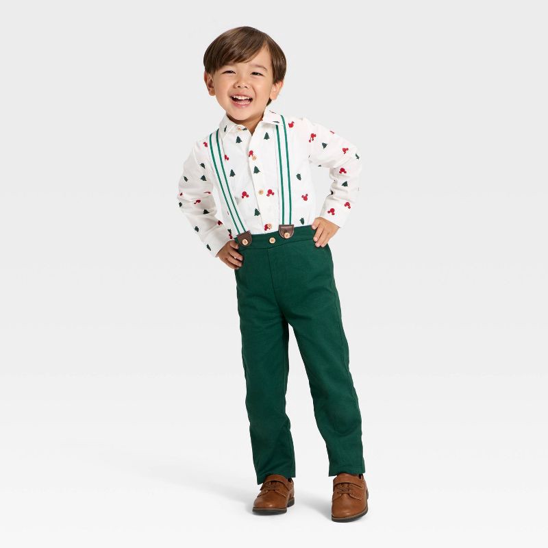 slide 1 of 4, Toddler Boys' 2pc Disney Mickey Mouse Long Sleeve Button-Down Shirt and Suspender Pants Set - Green 4T, 2 ct