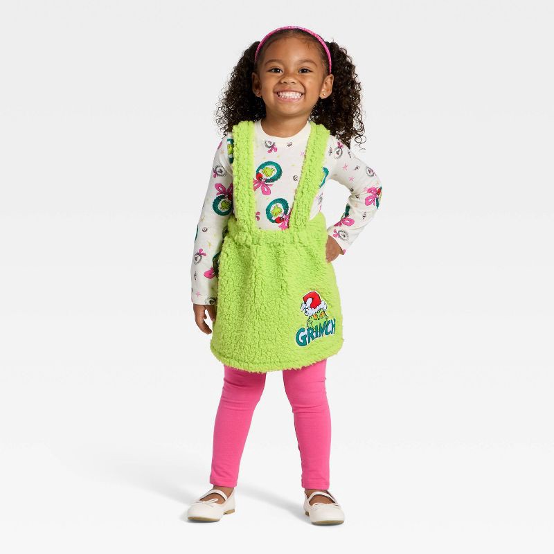 slide 4 of 4, Toddler Girls' 2pc The Grinch Christmas Faux Shearling Skirt and Long Sleeve T-Shirt Set - Green 3T, 2 ct