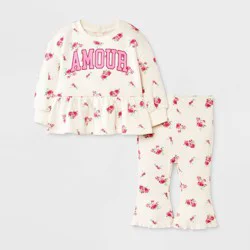 Grayson Mini Baby Girls' 2pc Amour Love Floral Fleece Sweatshirt & Pants Set - Off-White 12M