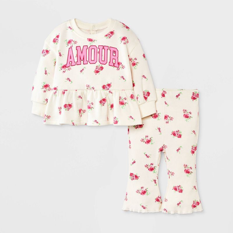 slide 1 of 4, Grayson Mini Baby Girls' 2pc Amour Love Floral Fleece Sweatshirt & Pants Set - Off-White 18M, 2 ct