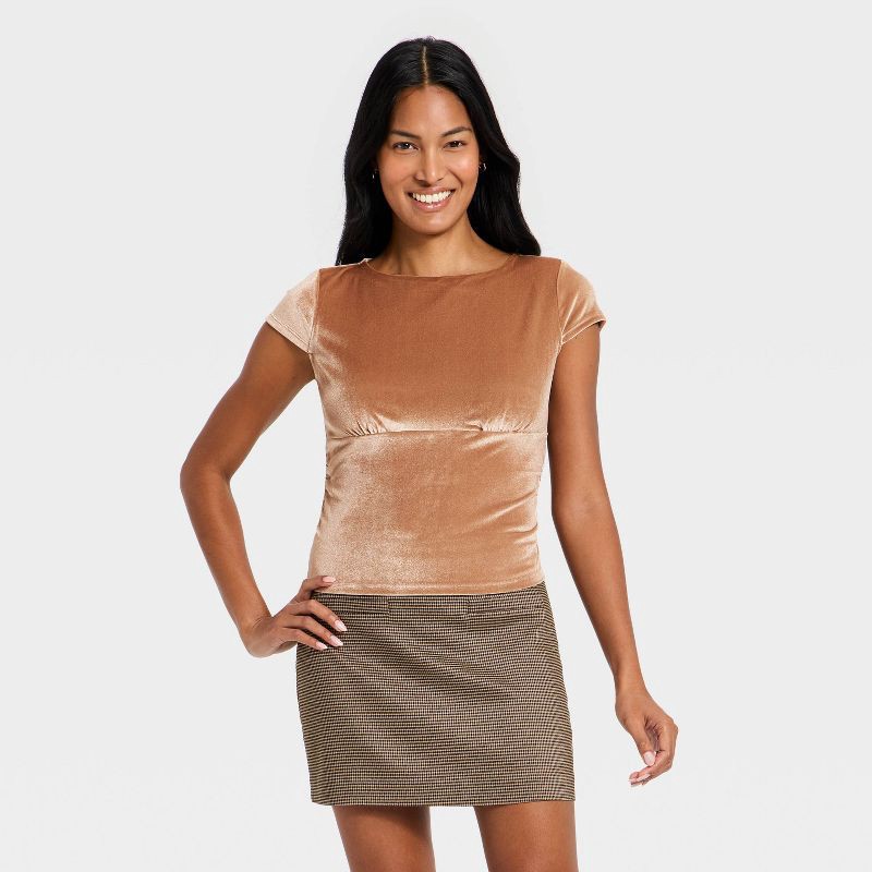 slide 1 of 4, Women's Ruched Velour T-Shirt - A New Day™ Brown XL, 1 ct