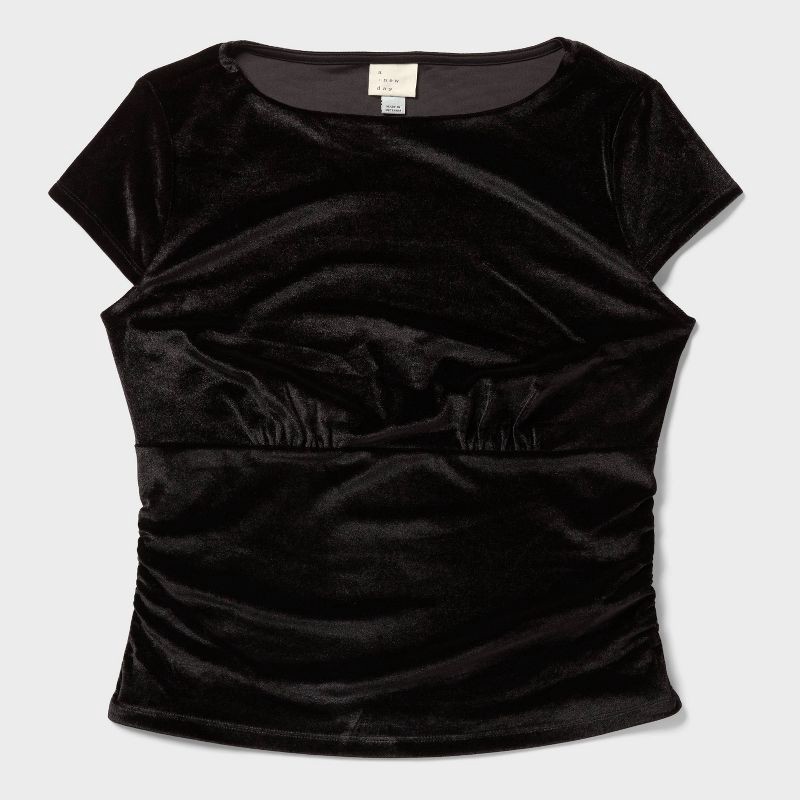slide 4 of 4, Women's Ruched Velour T-Shirt - A New Day™ Black XS, 1 ct