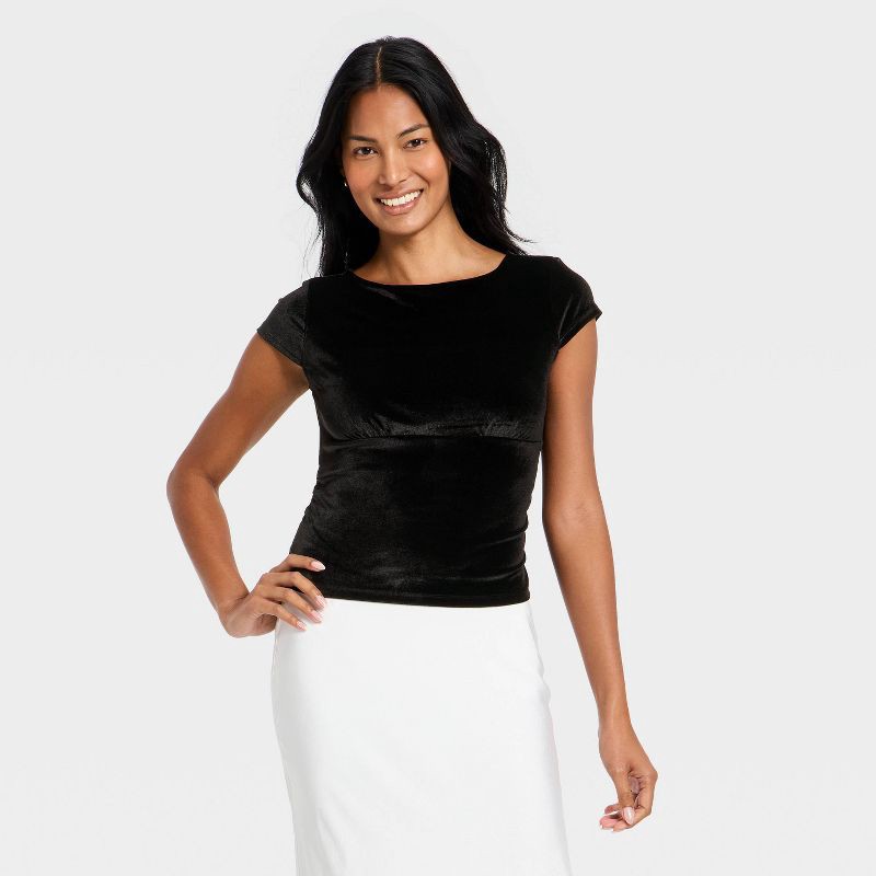 slide 1 of 4, Women's Ruched Velour T-Shirt - A New Day™ Black XS, 1 ct