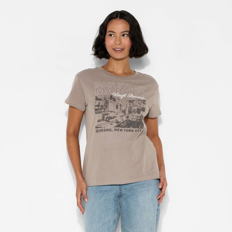 slide 2 of 3, Mighty Fine Women's Mainstreet Market Vinyl Records Short Sleeve Graphic T-Shirt - Brown XL, 1 ct
