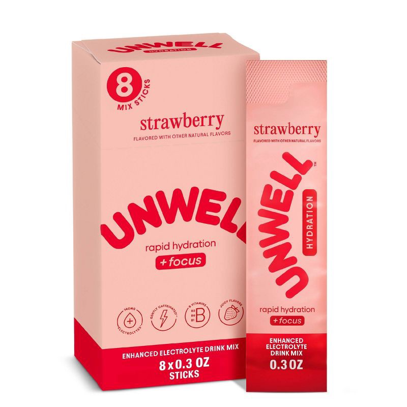 slide 1 of 8, Unwell Hydration Electrolyte Stick Pack for Rapid Hydration - Focus Strawberry - 8pk, 8 ct