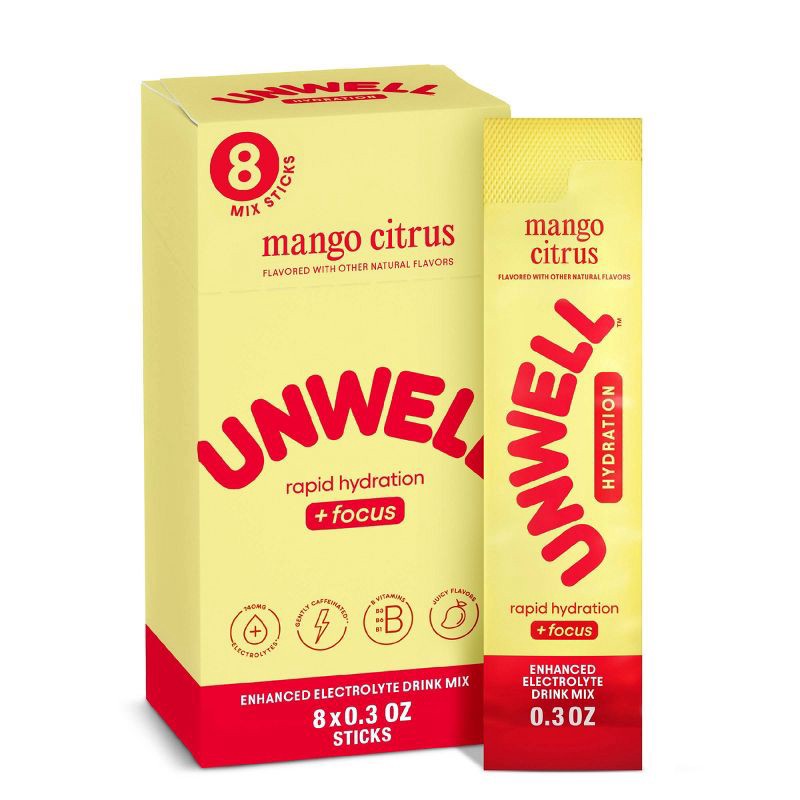 slide 1 of 8, Unwell Hydration Electrolyte Stick Pack for Rapid Hydration - Focus Mango Citrus - 8pk, 8 ct