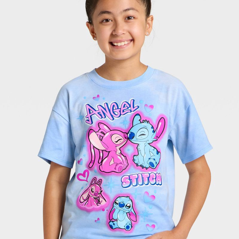 slide 2 of 4, Lilo & Stitch Girls' Disney Stitch and Angel Short Sleeve Oversized Graphic T-Shirt - Blue L, 1 ct