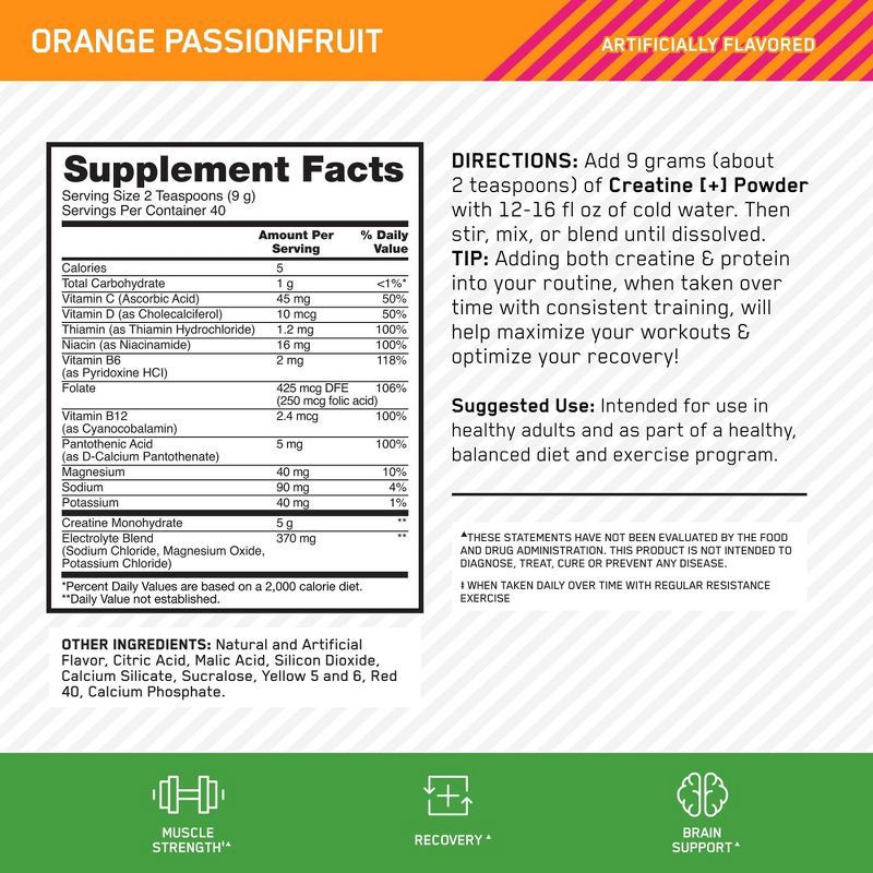 slide 12 of 13, Optimum Nutrition Creatine+ Sports Nutrition Supplement Powder - Orange Passionfruit - 40svs/12.69oz, 12.69 oz