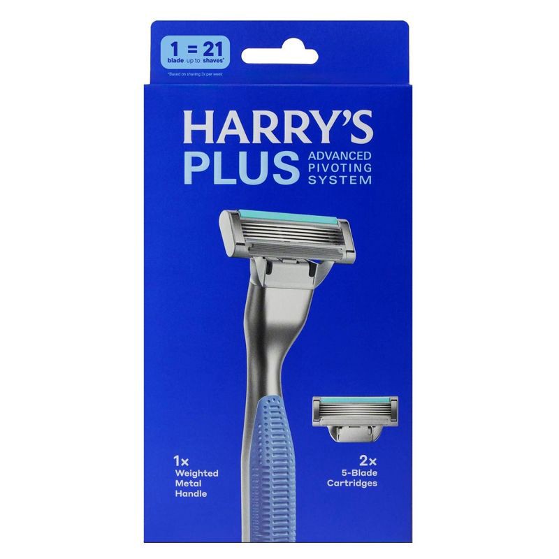 slide 1 of 9, Harry's Plus Men's Razor Handle with 2 Razor Blade Cartridges - Tide: 5-Blade, Reusable, Manual Shaving, 1 ct