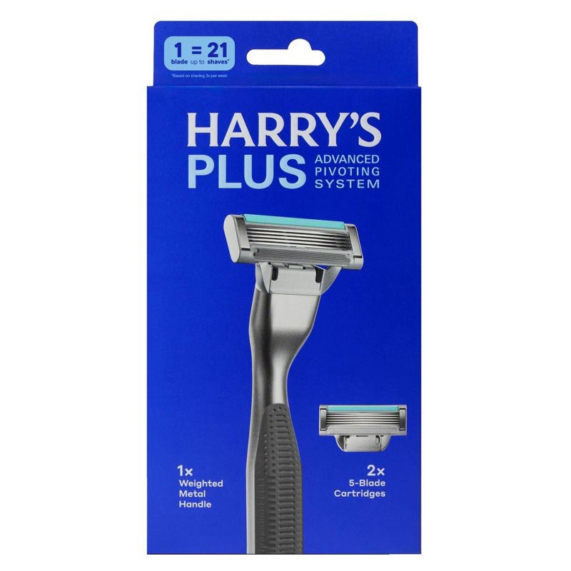 slide 1 of 9, Harry's Plus Men's Razor Handle with 2 Razor Blade Cartridges - Onyx: Whole Body, All Hair Types, 5 Blades, Manual, 1 ct