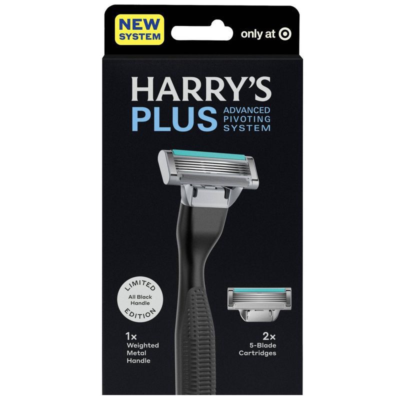 slide 1 of 9, Harry's Plus Men's Razor Handle with 2 Razor Blade Cartridges - All Black, 1 ct