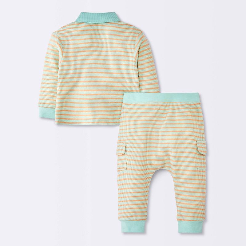 slide 4 of 4, Baby Boys' 2pc Striped Waffle Henley Long Sleeve Shirt and Cargo Pants Set - Cloud Island™ Green 3-6M, 2 ct
