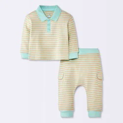 Baby Boys' 2pc Striped Waffle Henley Long Sleeve Shirt and Cargo Pants Set - Cloud Island™ Green 3-6M